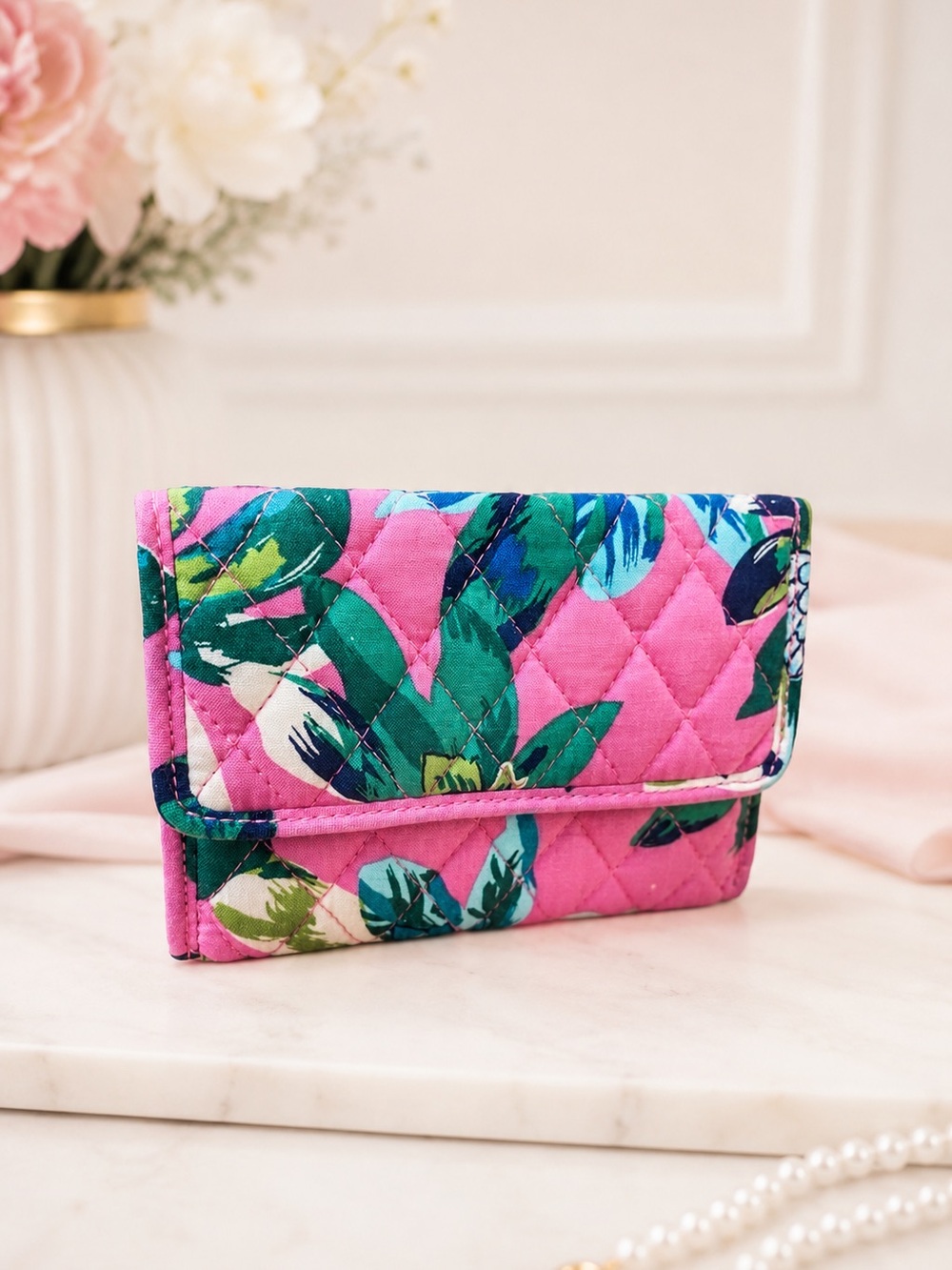 Vera Bradley Quilted Cotton Trifold Wallet Pink Green Tropical Botanical Floral